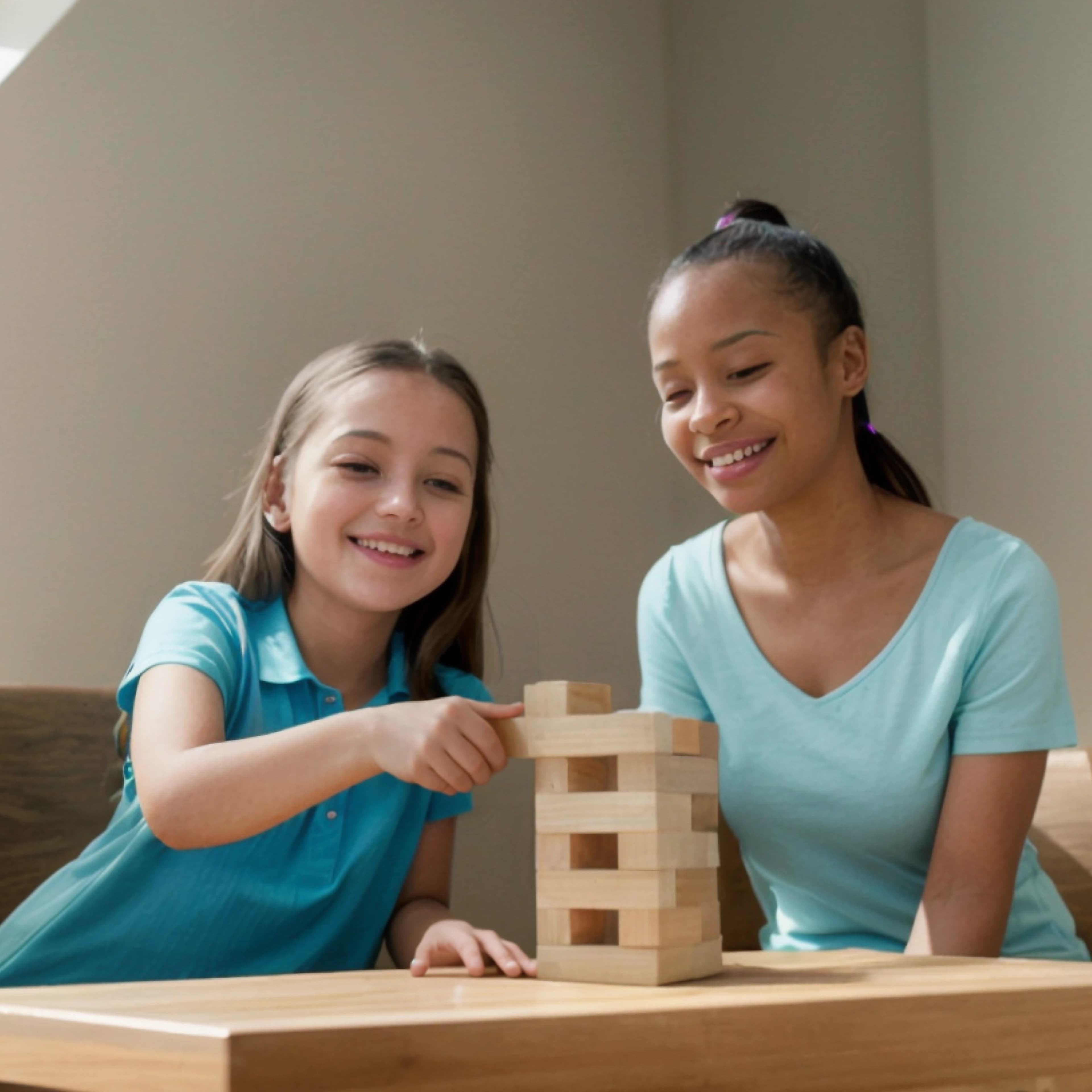 Photo of a girl building a tower with wooden blocks while a therapist observes her.